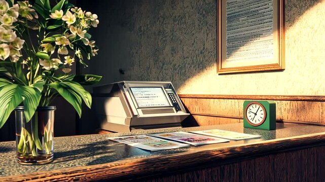 A cozy reception area with a flower arrangement, clock, and informational brochures on a desk