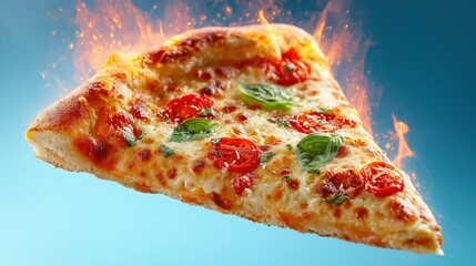 Flaming pizza slice with tomatoes and basil on blue background