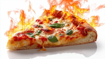 Slice of spicy pizza with fiery flames and fresh basil toppings
