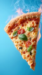 Delicious slice of margherita pizza with fresh basil and cherry tomatoes on a blue background