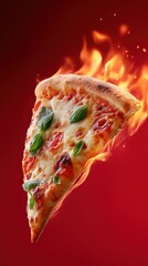 Spicy pepperoni pizza slice with flaming background and basil leaves