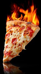 Slice of cheesy pepperoni pizza with flaming crust on black background