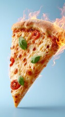 Fiery pepperoni pizza slice with fresh basil on blue background