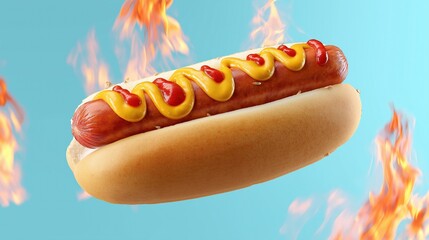 Grilled hot dog with mustard and ketchup on a bun with fiery flames