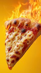 Flaming pizza slice against yellow background