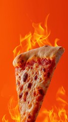 Slice of pepperoni pizza against fiery orange background with flames