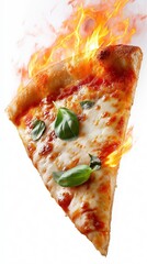 Flaming hot pizza slice with basil and melting cheese on fire