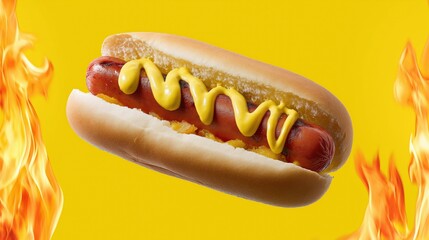 Grilled hot dog with mustard on yellow background with flames