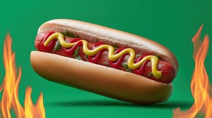 Hot dog with mustard and ketchup on green background with flames