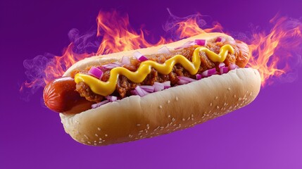 Flaming chili cheese hot dog with onions on purple background
