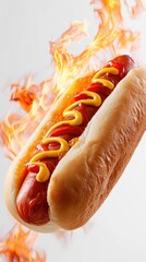 Flying hot dog with mustard and ketchup on fiery background