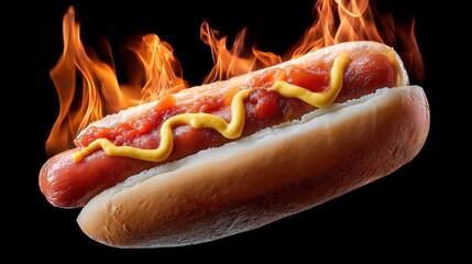 Fiery hotdog with mustard and ketchup set against black background