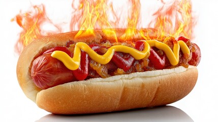 Close-up of delicious hot dog with flaming toppings and mustard drizzle