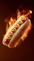 Fiery hot dog with mustard and ketchup on a flaming background