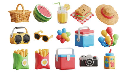 colorful summer picnic essentials including food, drinks, accessories, and outdoor toys arranged on white background for festive scenes
