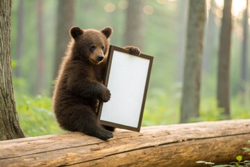 Obraz premium A chubby baby bear sitting on a log, hugging a whiteboard with both arms, forest background in soft focus, high resolution.