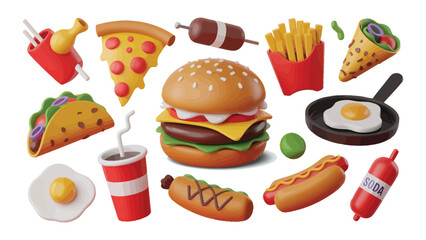 vibrant 3d rendered fast food collection featuring burger, pizza, fries, hot dog, taco, soda, and more on clean white background