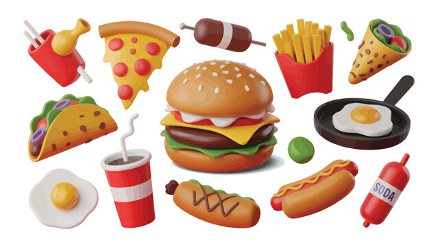 vibrant 3d rendered fast food collection featuring burger, pizza, fries, hot dog, taco, soda, and more on clean white background
