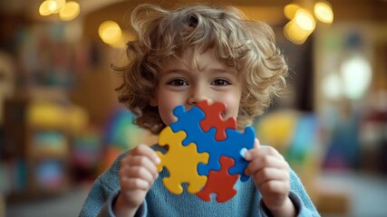 Smiling curly-haired boy holding colorful puzzle pieces toward camera, symbolizing autism awareness, warm indoor lighting with primary tones, video background for mental health education, autism - Powered by Adobe