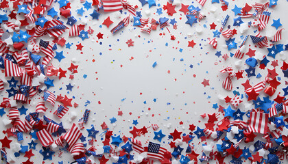 Obraz premium Patriotic American holiday background with miniature United States flags, stars, and red and blue confetti on a white backdrop for celebrations.