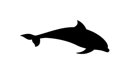 A sleek black silhouette of a dolphin gracefully swimming, depicted in profile view against a white background.