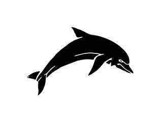 Silhouette of a leaping dolphin against a clean, white background.