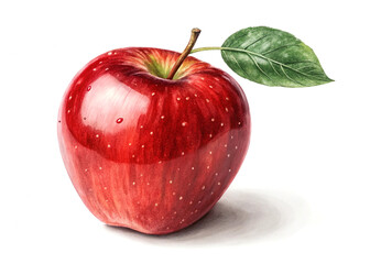 Realistic Red Apple with Leaf and Stem on White Background