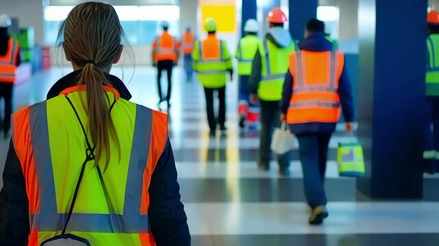 Defocused figures in bright vests working towards a cleaner and more inviting environment.