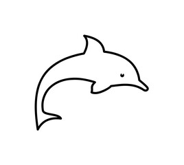 Fototapeta premium A simple black outline drawing of a dolphin leaping upwards on a white background.