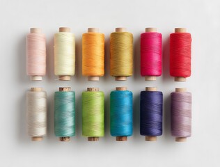 Twelve Spools of Colorful Sewing Thread Arranged on White Background pink