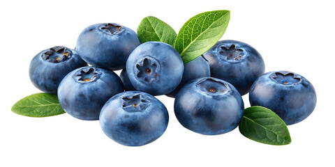 Pile of ripe blue blueberries with green leaves on a black background A I G E N E R A T E D - P N G isolated on a transparent background