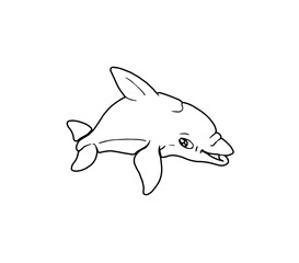Simple black and white line drawing of a dolphin in profile view.