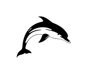 Simple black and white silhouette of a leaping dolphin.