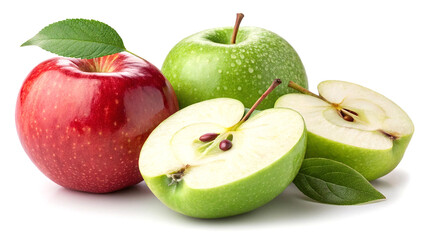 Fresh Red and Green Apples with Slices and Leaves on White Background