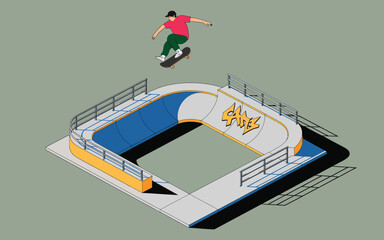 Fototapeta premium skateboarder mid-air performing aerial trick over colorful graffiti ramp in urban skatepark with safety railings under daylight