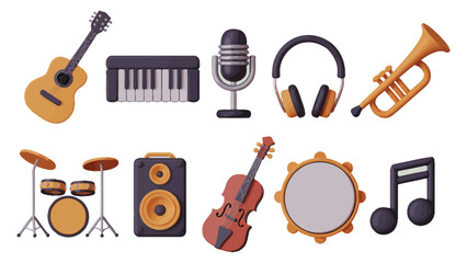 flat icon set of musical instruments including guitar, drums, keyboard, violin, trumpet, and microphone on colorful backgrounds