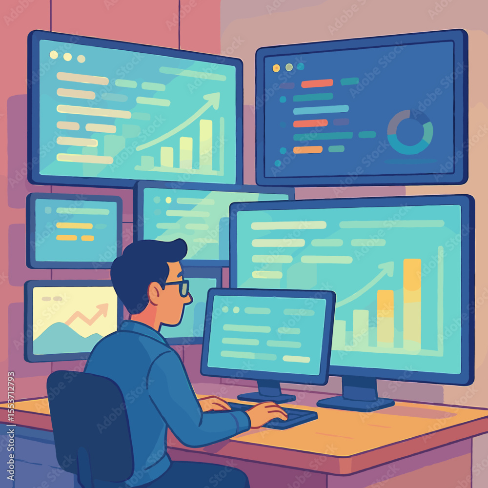 Poster person monitoring multiple screens with data visualizations