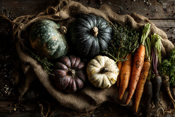 top view of assorted pumpkins colorful carrots and fresh herbs on rustic wooden background autumn harvest seasonal vegetables concept with burlap texture and farm style composition