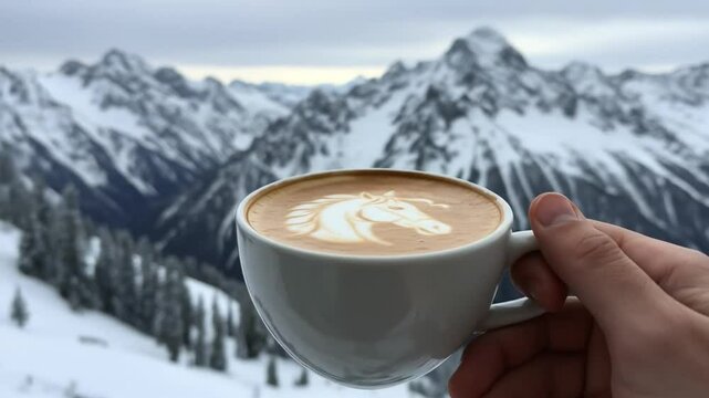 A hand holding a cup of coffee with elegant latte art featuring a horse, set against a stunning snowy mountain backdrop. Perfect for coffee ads, travel inspiration, or winter lifestyle visuals.