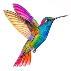 Fototapeta premium Vivid watercolor hummingbird in flight displaying a spectrum of vibrant and intense colors against white