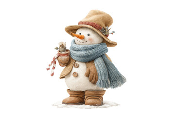 PNG Cheerful snowman with hat and scarf holding candy cane
