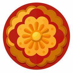 Vibrant circular floral design with red and golden hues