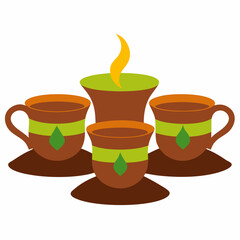 Cozy gathering of three cups and a candle with a warm glow