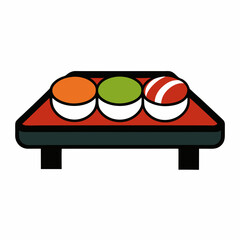 Three colorful sushi rolls on a modern serving tray