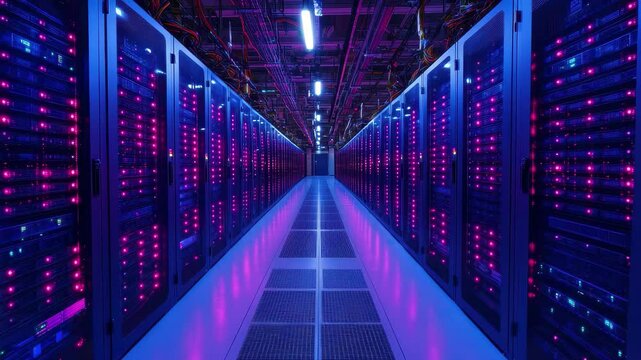 High-tech server room with illuminated racks and intricate wiring at a data center during nighttime operations - Powered by Adobe