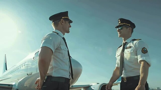 two handsome pilots standing in front of private jet