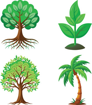 A vibrant green tree with extensive roots is shown growing from fertile dark soil, set against a simple bright white background creating contrast.
