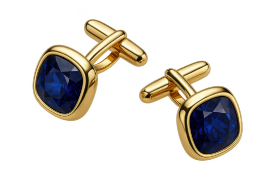 Pair of gold cufflinks with sapphire blue gems, isolated on transparent background