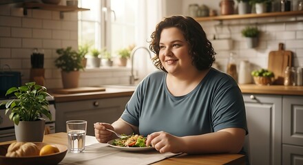 Overweight woman eating salad seraching for quality life