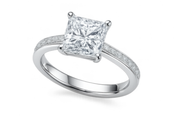 Sparkling princess cut diamond ring, isolated on a transparent background